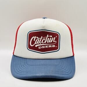 Catchin' Deers Front Logo Mesh Back Red Blue Trucker Hat Hunting Patriotic OSFA